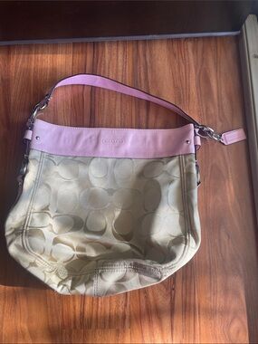 Coach Beige Signature Canvas Hobo with Pink Leather Trim